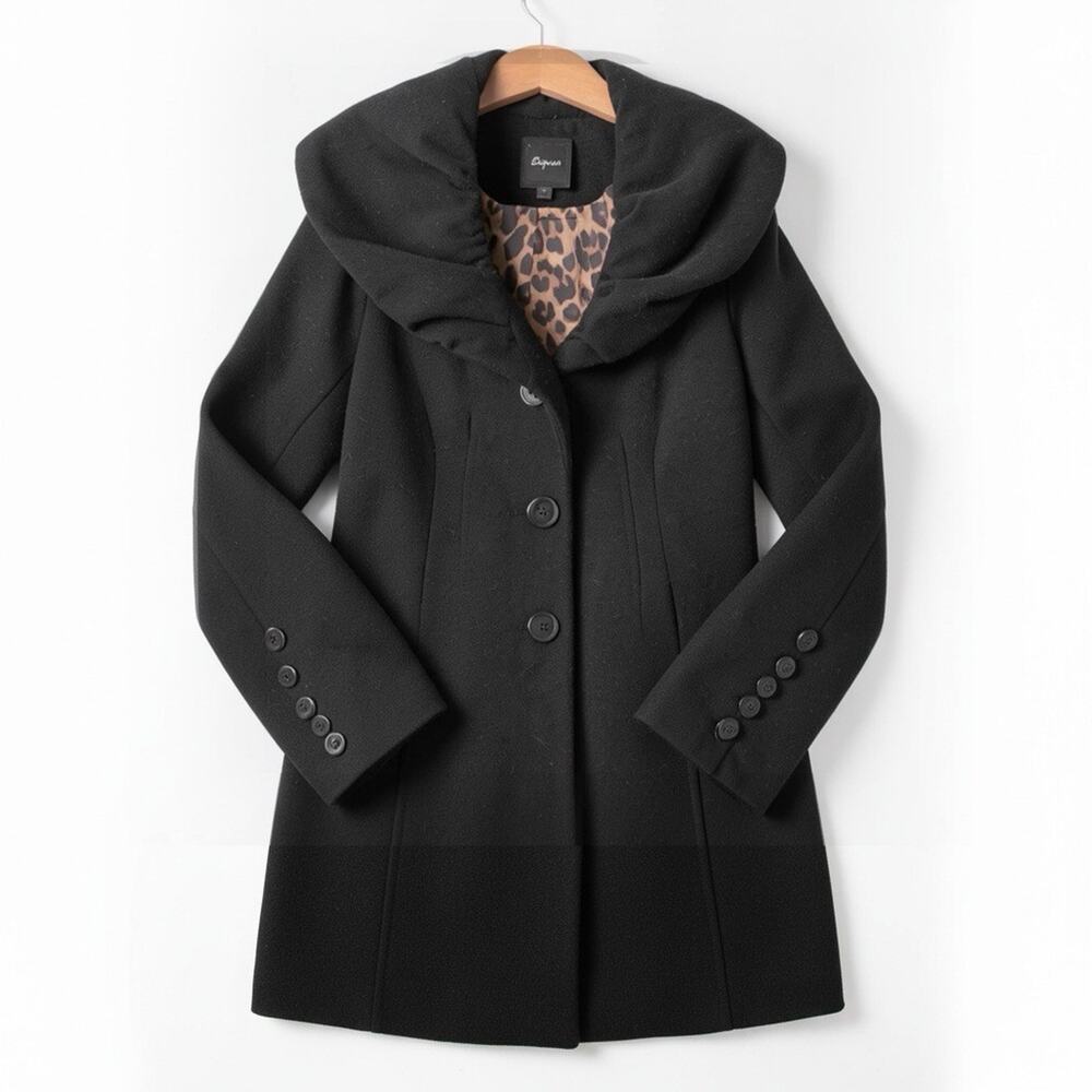 Express Black Animal Print Lining Peacoat Wool Blend Jacket XS Vintage Y2K